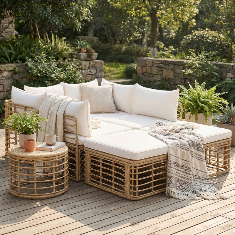 Ensemble de conversation modulaire en rotin 7 pièces, ensemble de conversation 7 pièces avec coussins épais pour le jardin, la cour et le balcon