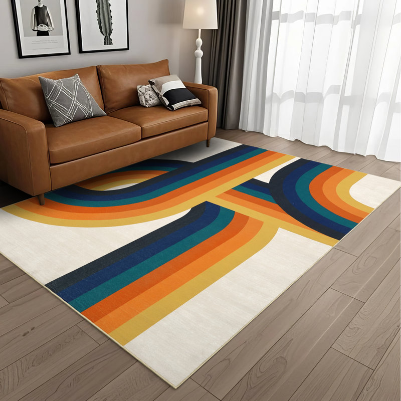 Large Modern Living Room Rugs 9x12 Washable Abstract Accent Carpet with Non Slip Backing Non shedding Contemporary Floor Cover Soft Low Pile Indoor Mat for Bedroom Office Orange