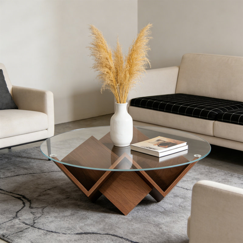 Table basse ronde moderne avec plateau en verre et base géométrique en bois, tablettes de rangement, meubles de salon de 35,4 po
