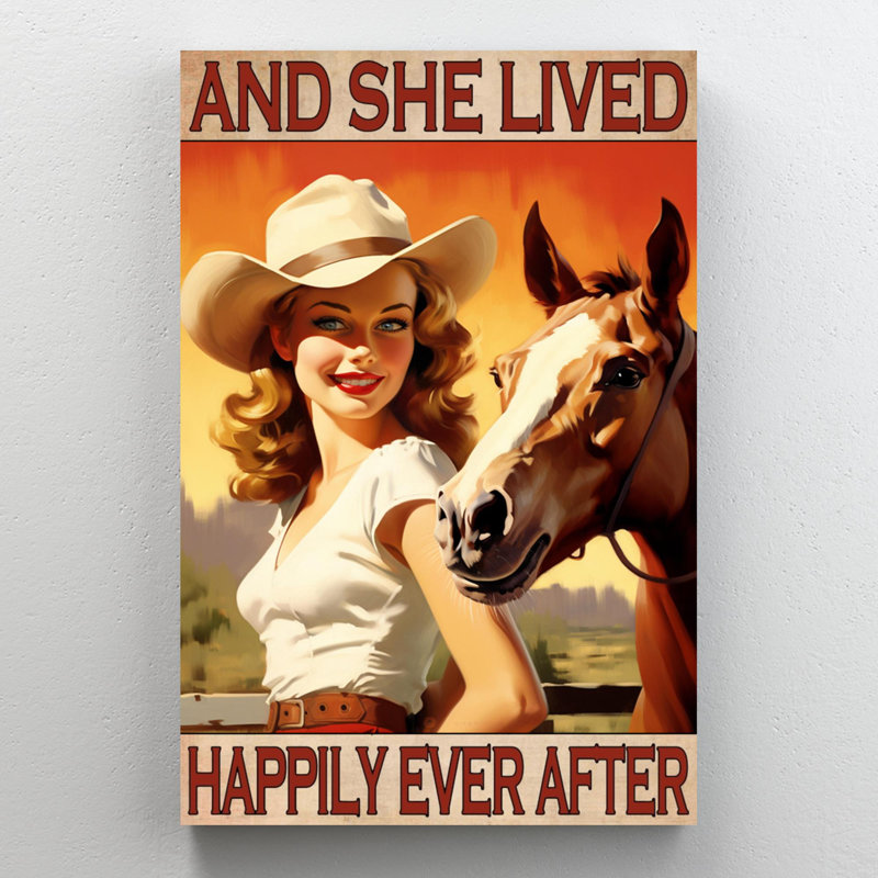 Cowgirls And She Lived Happily - 1 pièce, reproduction d'art graphique sur toile tendue _0405, H 14 po x l 11 po x P 1,25 po