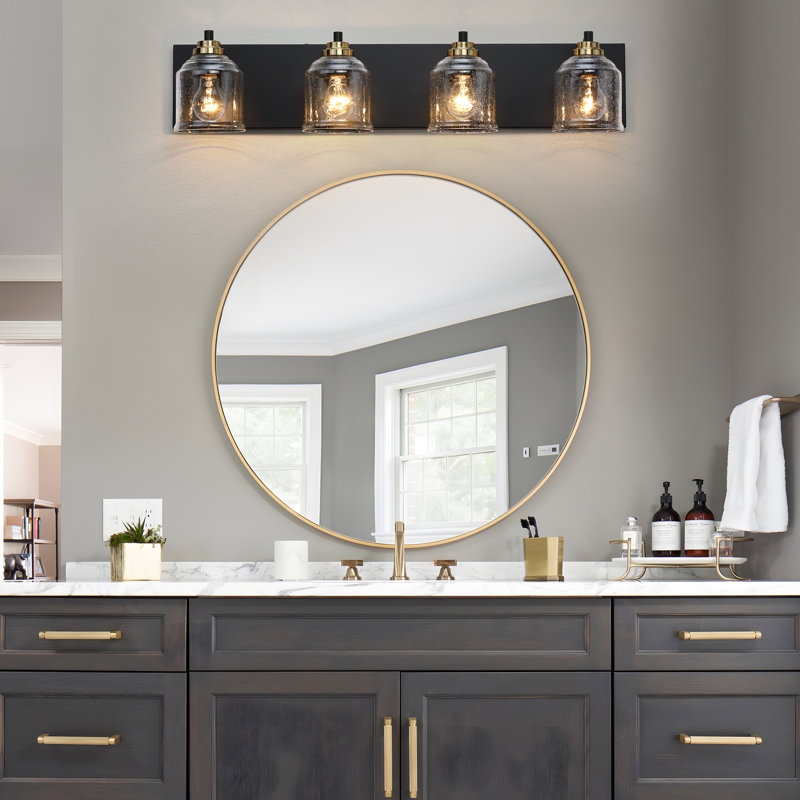 Modern Farmhouse Dimmable Bathroom Vanity Light with Seeded Glass and One-Piece Backplate, 4, Matte Black/Gold