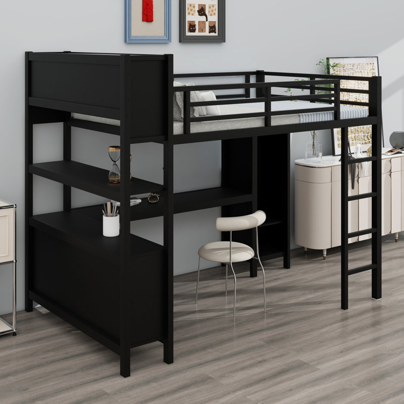 Lit mezzanine polyvalent pour enfants, adolescents et adultes, armoire, bureau en L, cubes de rangement et étagères, Noir