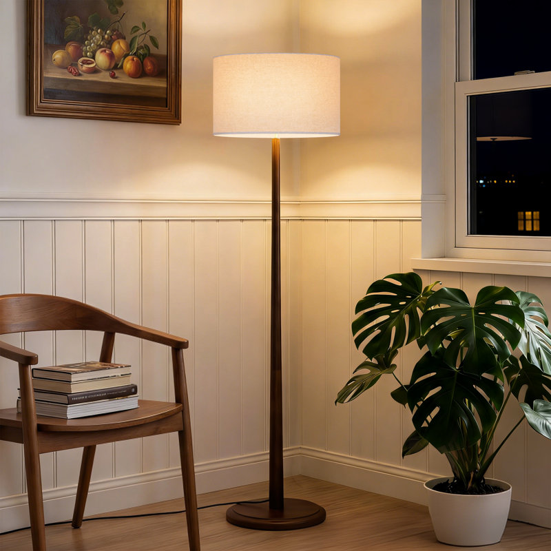 61 po Lampe sur pied en bois massif Nordic avec abat-jour tambour en lin 15,8 po, finition noyer, interrupteur au pied, douille E26 (ampoule non incluse), certifiée UL, pour le salon, la chambre à coucher et la salle d'étude