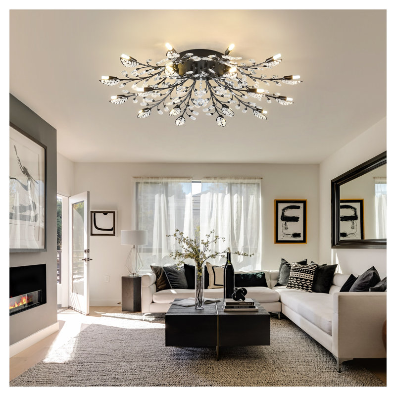 Lustre en cristal 18 lumières moderne avec cadre noir mat, plafonnier de ferme pour salle à manger ou entrée