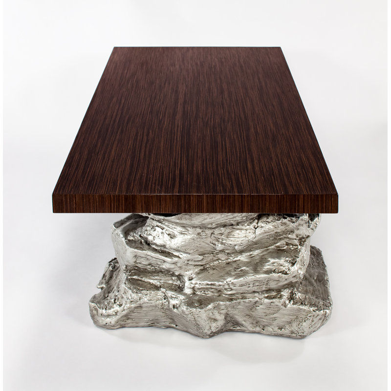 Rectangular Wood and Glass Coffee Table with Distressed Silver Base