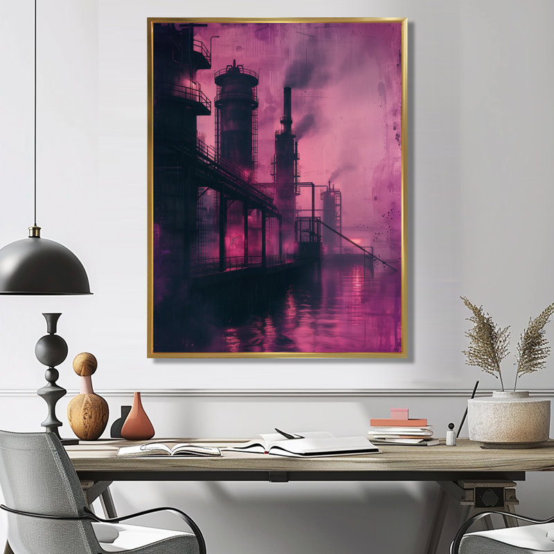 «Mauve», usine mauve Polution Reflection II - usines, H 44 po x l 34 po x P 1,5 po, Toile avec cadre flottant or