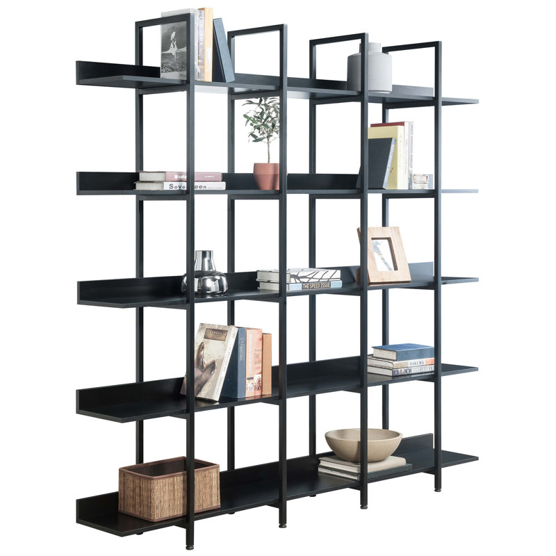5 Tier Bookcase Home Office Open Bookshelf, Vintage Industrial Style Shelf With Metal Frame, MDF Board, Black