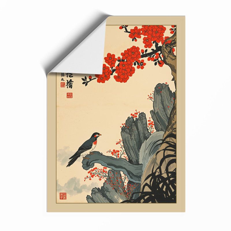 Bird Among Crimson Blossoms Japandi - Framed Print, Unframed, A2 - 59.4 x 42.0 cm