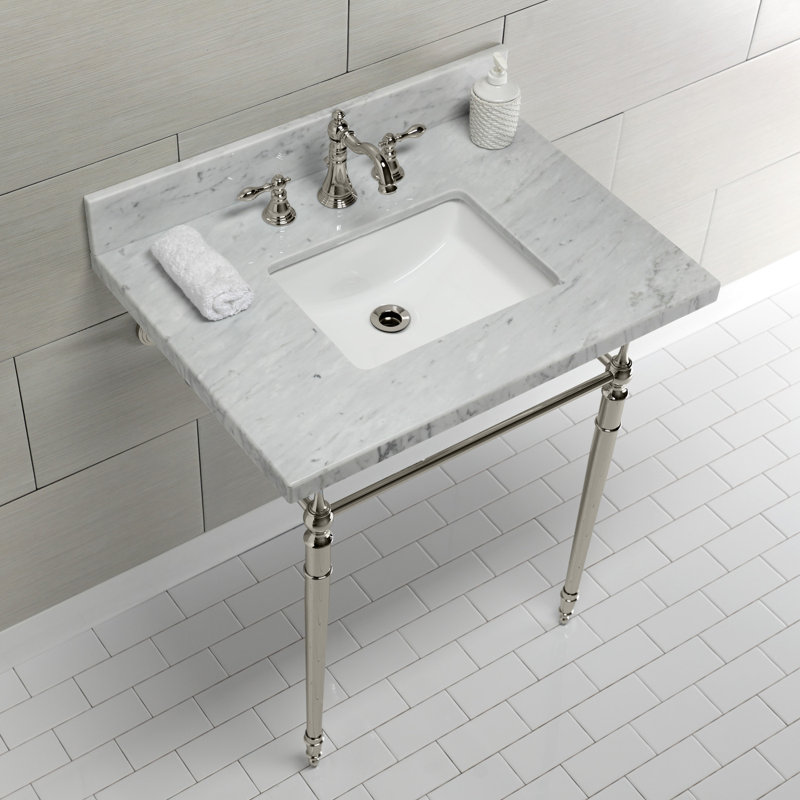 Lavabo de salle de bain console rectangulaire en céramique avec trop-plein Edwardian, Blanc marbre / nickel poli