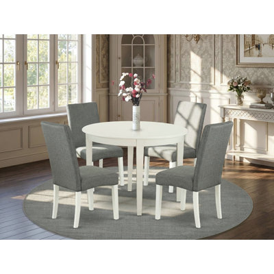 5 Piece Modern Dining Table Set Includes a Round Kitchen Table and 4 Gray Linen Fabric Upholstered Parson Chairs, 42x42 Inch, Linen White