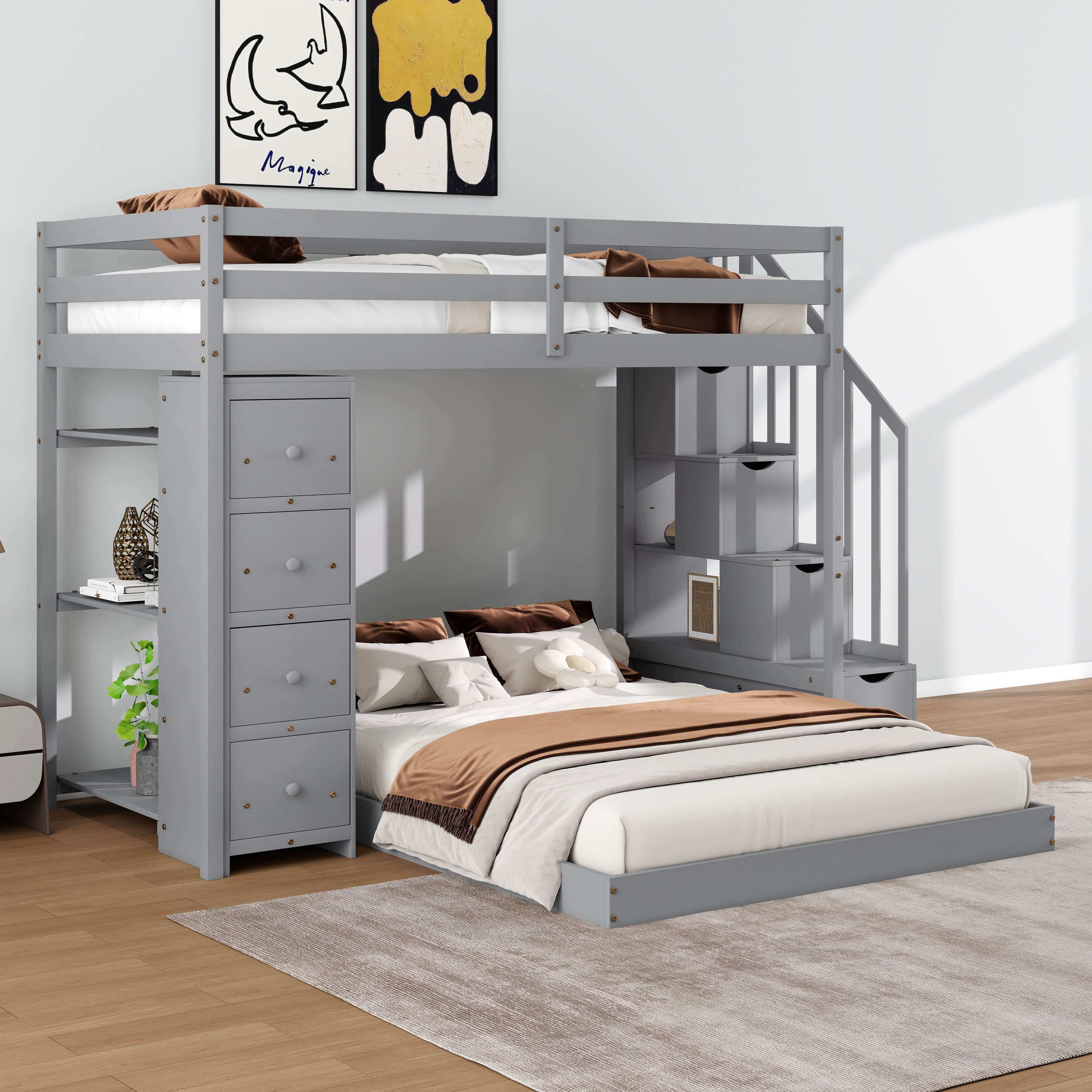 Ebern Designs Twin Over Full Bunk Bed With 3-Layer Shelves,Wood Loft ...