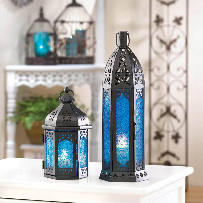 Grande lanterne à bougie bleue | Lampe de patio exotique en métal