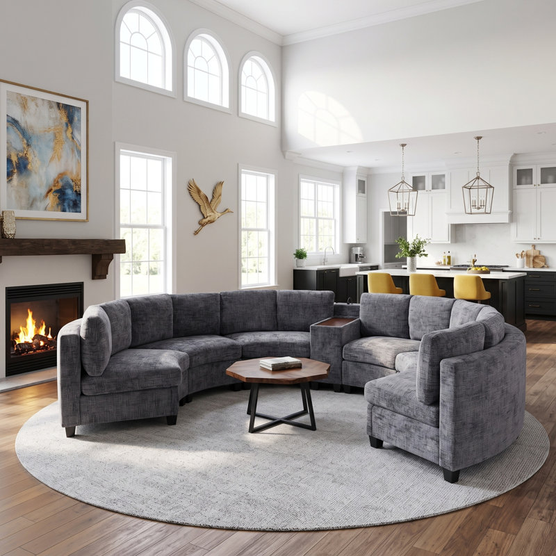 Canapé d'angle modulaire incurvé avec console centrale de rangement, Dark Gray Chenille