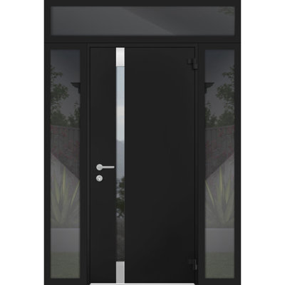 Porte avant en acier pré-suspendue à l'avant / noir Cy77 6777/2 fenêtres extérieures latérales / inserts en acier inoxydable simples peints modernes - l 12 + 36 + 12 po x H 80 po - Gauche