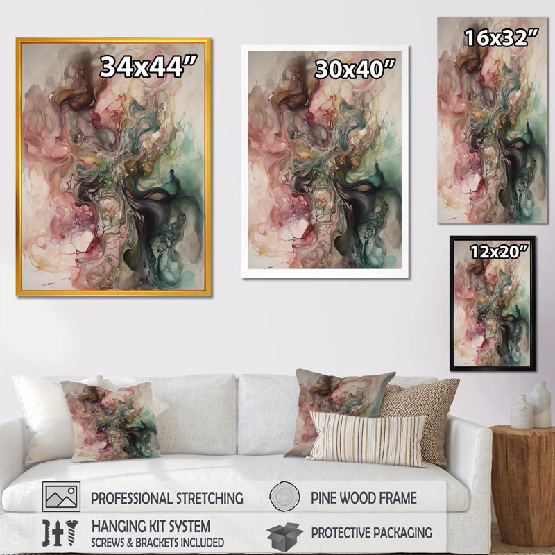 Rose, vert, monde intérieur de marbre I - art mural abstrait géométrique, H 40 po x l 30 po x P 1,5 po, Encadrement doré