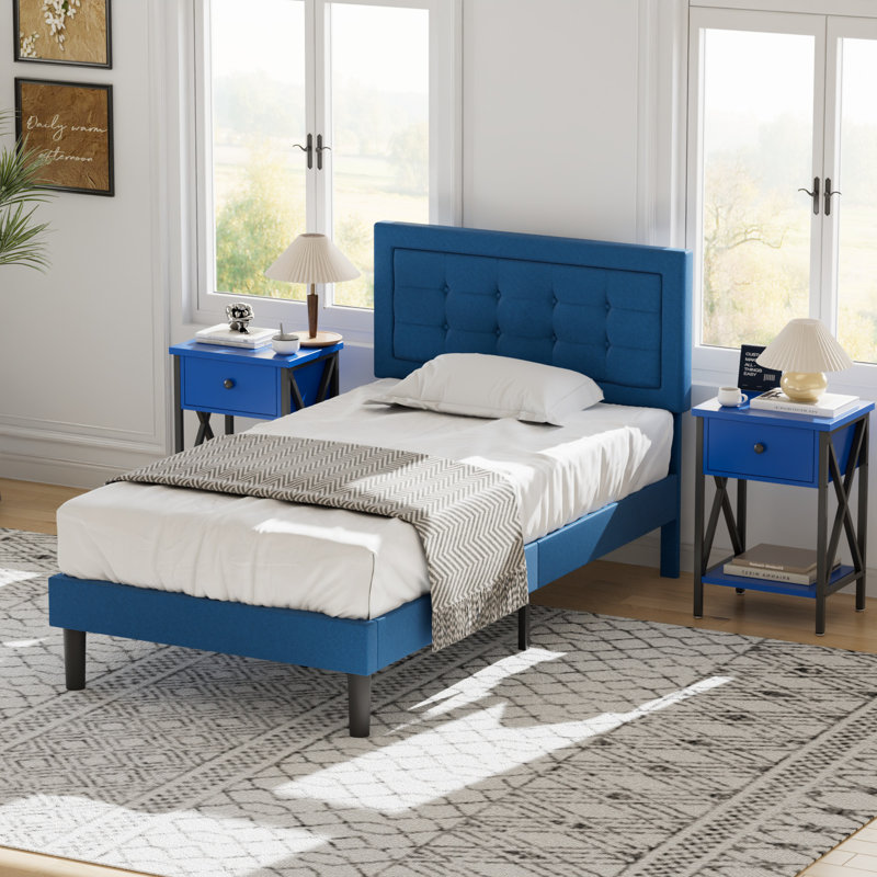 Ensemble de chambre à coucher rembourrée 3 pièces, Bleu très foncé, Lit simple