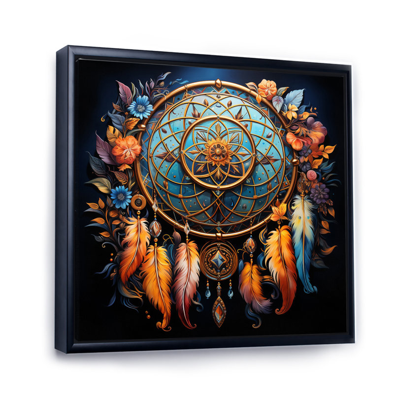 Capteur de rêves Leenah - Visions complexes, Cadre flottant noir, H 16 po x l 16 po x P 1 po