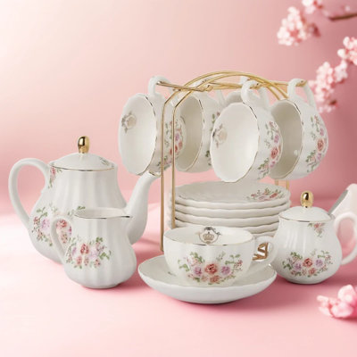 Service à thé en porcelaine 8 tasses et service à soucoupe pour 6 personnes avec théière en forme de bol à sucre, cruche à thé et passoire à thé British Royal Series