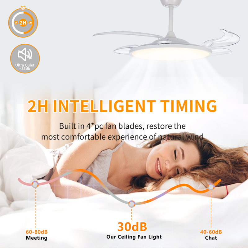 42" Retractable Ceiling Fan With Light And Remote, Quiet DC Motor Modern Ceiling Fan, White