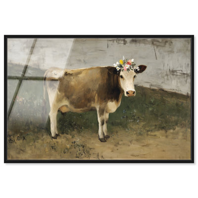Floral Bovine II Framed Acrylic Print Farmhouse Wall Art by Art Remedy, Black Frame, 15 x 10