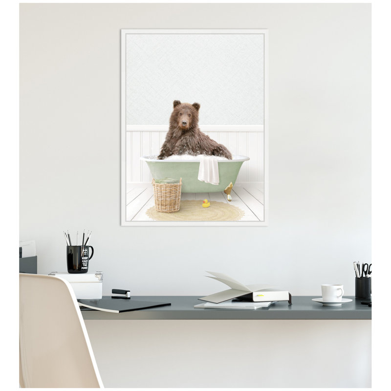 Bear in Cottage Green Bath by Amy Peterson Framed Canvas Wall Art Print