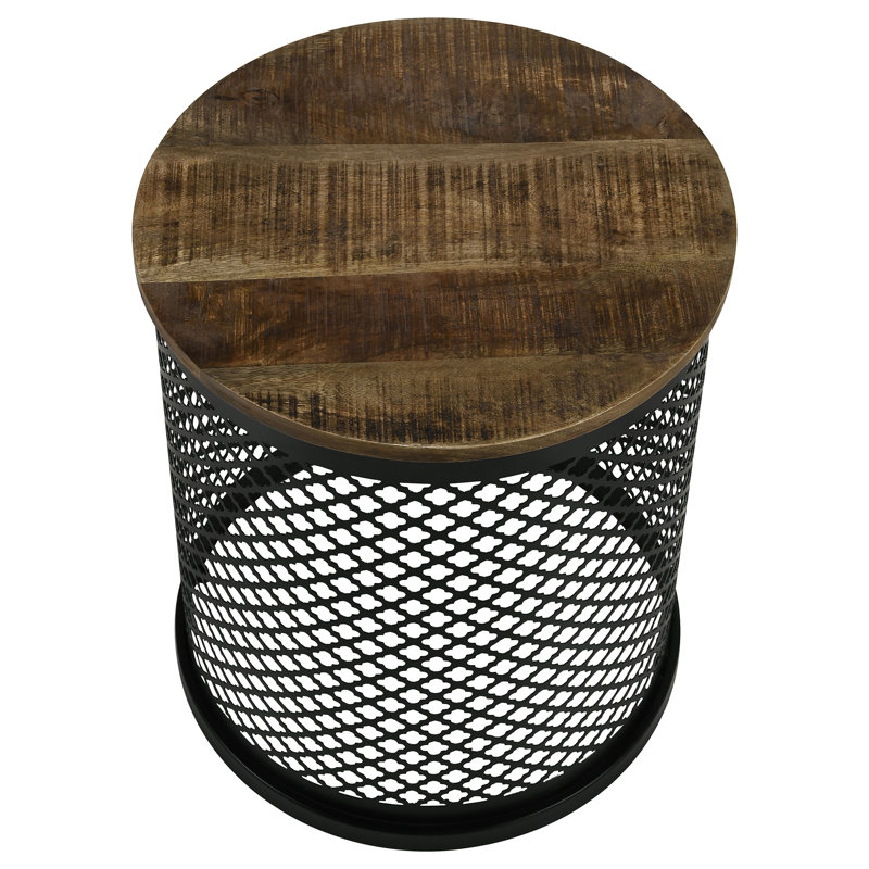 Chervil Round Solid Mango Wood-Top Side Table with Iron Drum Base, Natural and Black, Coffee