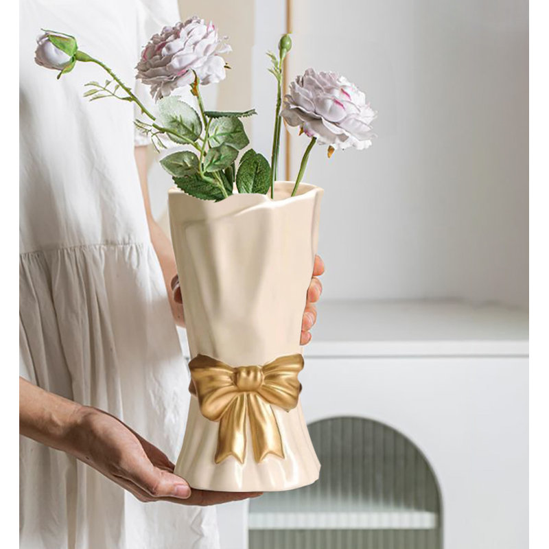 Vase d'arc, vases à fleurs pour décoration de table, 9.30", Crème; or