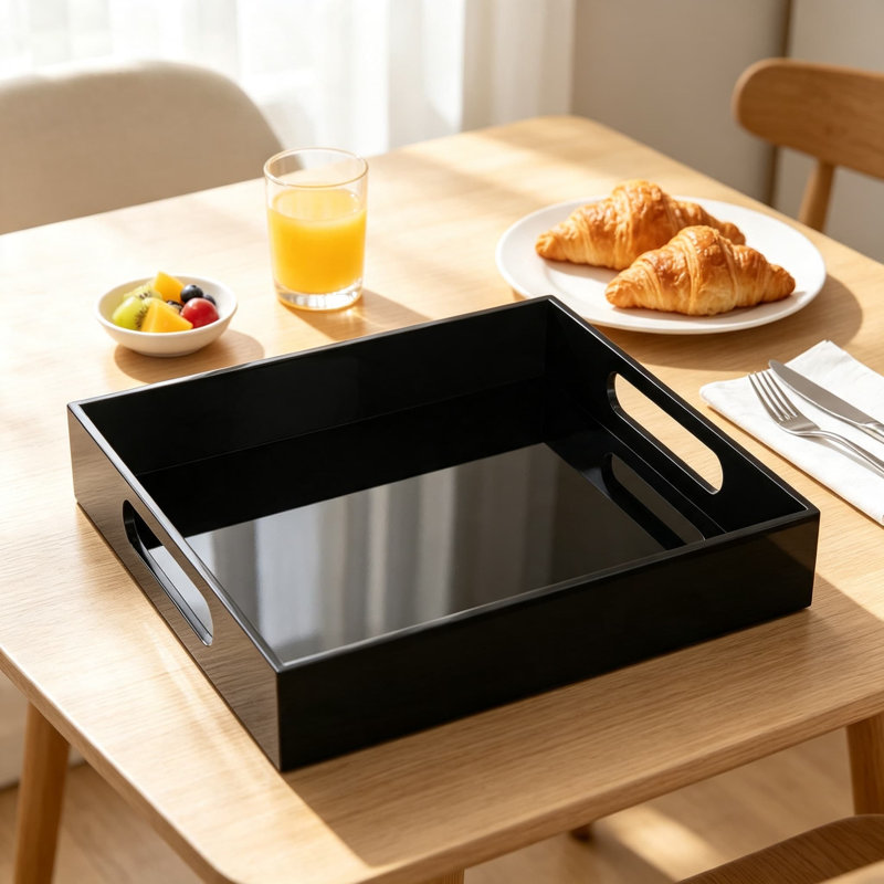 Élégant plateau de service en acrylique avec poignées, coiffeuse décorative et organisateur de table basse, plateau de rangement polyvalent pour le petit-déjeuner, les boissons, le maquillage et la décoration intérieure
