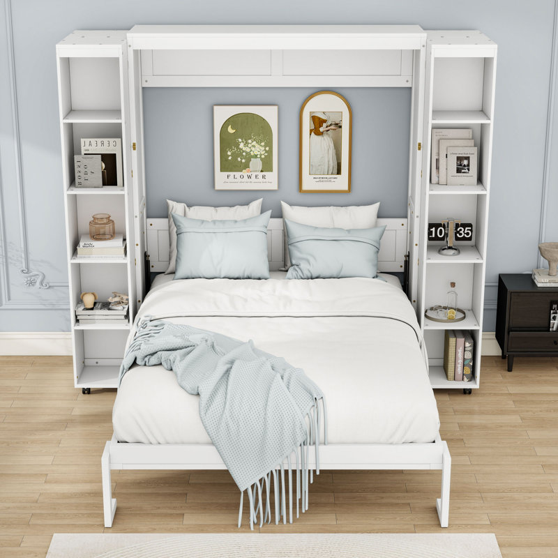 Grand lit escamotable avec armoires de rangement, Blanc
