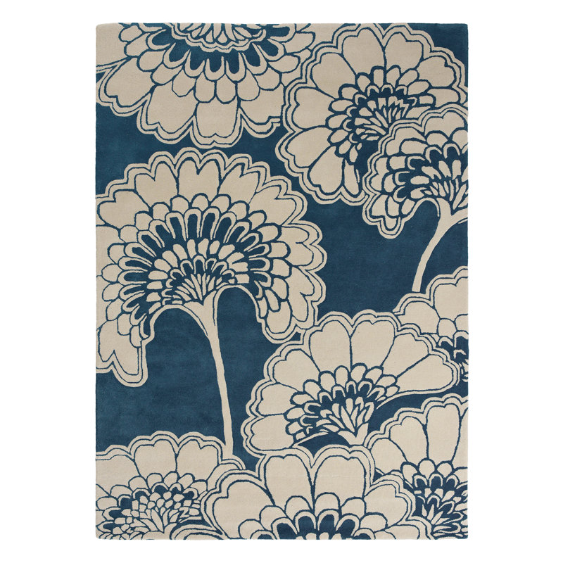 Hand Tufted Wool Floral Area Rug in Midnight/Beige, Rectangle 3'11" x 5'11"