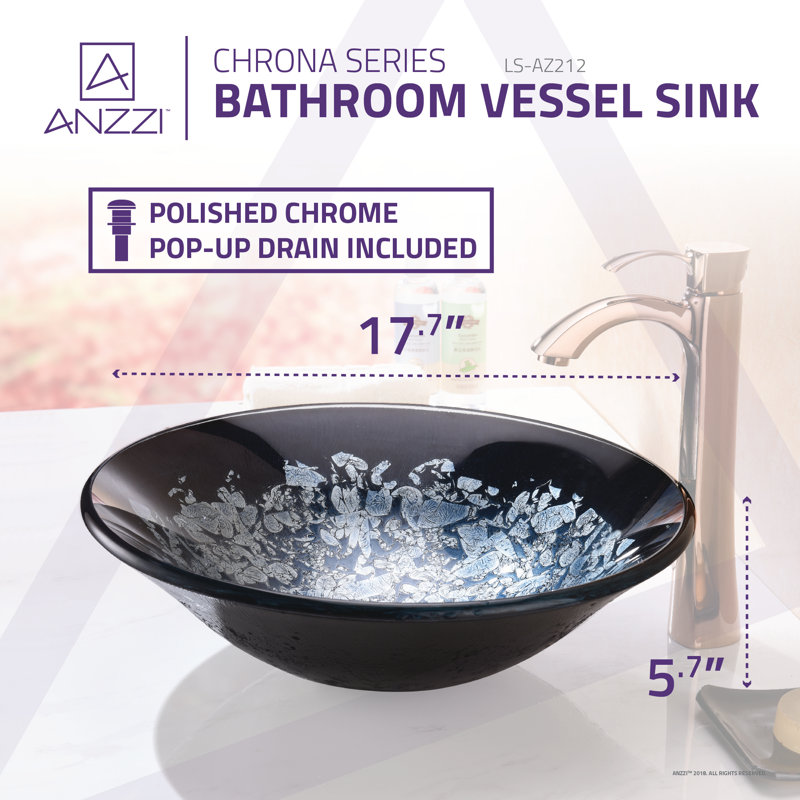 ANZZI Chrona 17.7'' Silver/Blue Tempered Glass Circular Bathroom Sink