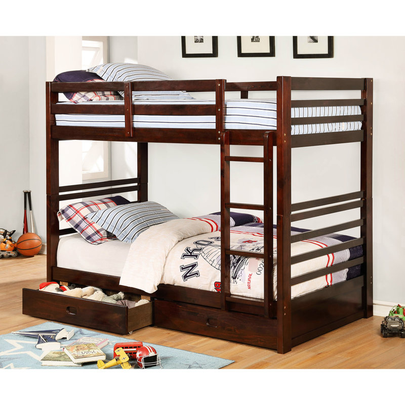 Lit simple superposé simple au design transitionnel, bois massif noyer foncé, deux tiroirs pour la chambre à coucher, attaché, 10 pièces Lattes, Insert - Rails à joint verrouillés, Arrangement,