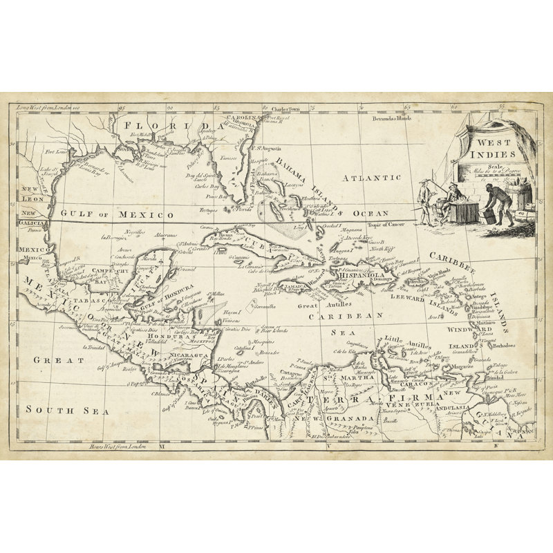 Map of West Indies 1 Piece Wrapped Canvas Wall Art, 30cm H x 46cm W x 3.8cm D