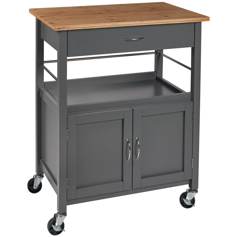 Chariot pour îlot de cuisine avec roulettes verrouillables H 35,5 po x l 28,75 po Alezandro, armoire de rangement, tiroir et plateau en bois de bambou naturel, base grise