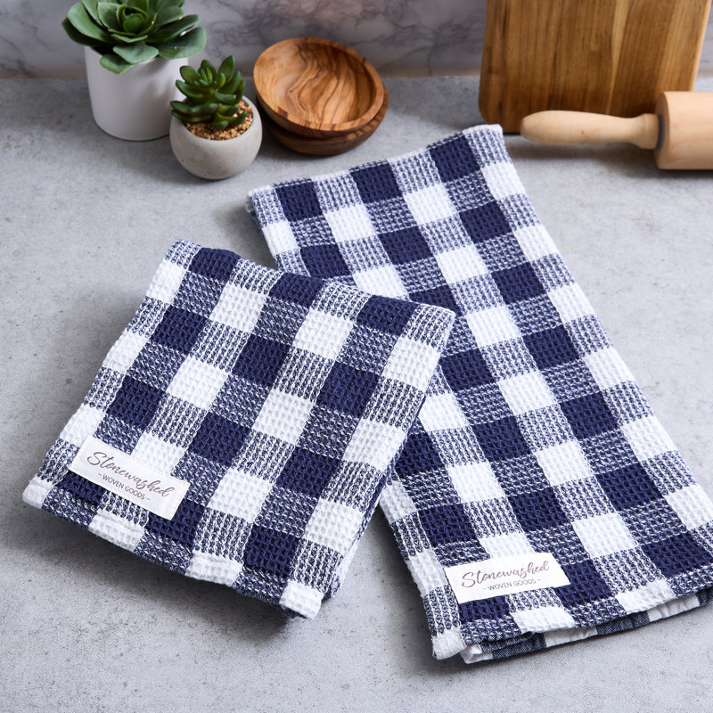 Washed Waffle Dishtowel Set/2, Olive Checker, Denim Blue
