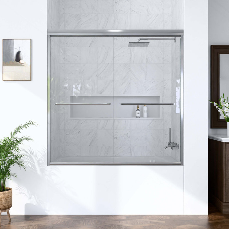 56"-60"W*60" H Semi-Frameless Double Sliding Shower Door, Bypass Shower Door, 1/4" (6Mm) Thick SGCC Tempered Glass Door