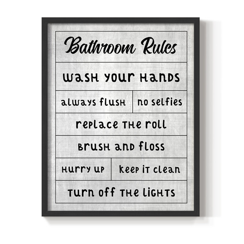 «Simple Bathroom Rules», reproduction encadrée - bois massif, H 11 po x l 9 po, Noir, noir, noir, noir