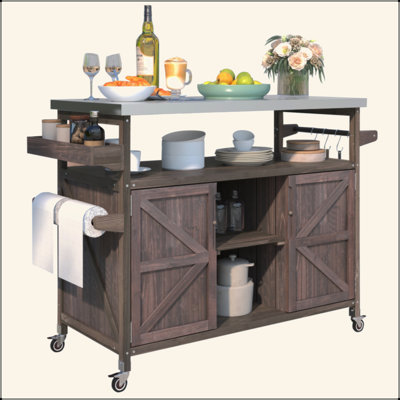Outdoor Kitchen Island, Rolling Bar Cart & Storage Cabinet, Farmhouse Solid Wood Outdoor Grill Table With Stainless Steel Top, Spice Rack , Towel Rack For Kitchen & Barbecue