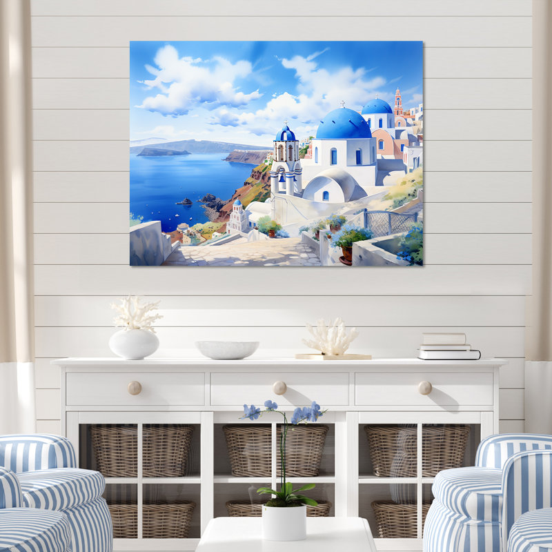 Santorini, Grèce, bord de mer, village sérénité II - Grèce, art mural, Toile tendue, H 16 po x l 32 po x P 1 po