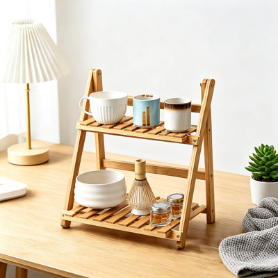 2-Tier Bamboo Coffee Station Organizer, Countertop Mug Holder and Display Rack, Foldable Storage Shelf for Kitchen, Living Room, Desktop, Flower Pot Rack