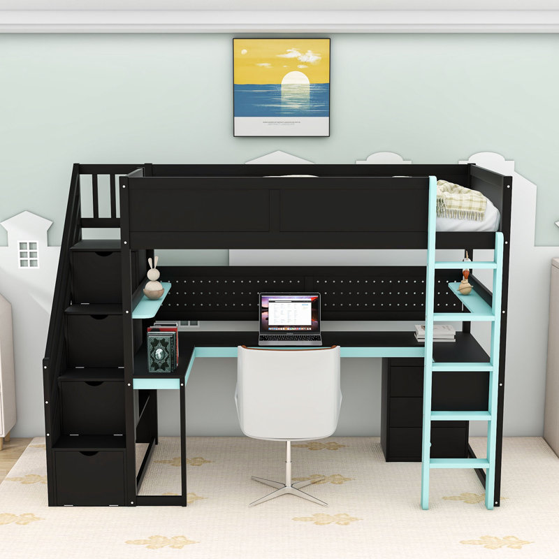 Esports-Inspired Wood Loft Bed with Built-In Desk, Shelves and Storage Stairs, Black Blue, Twin