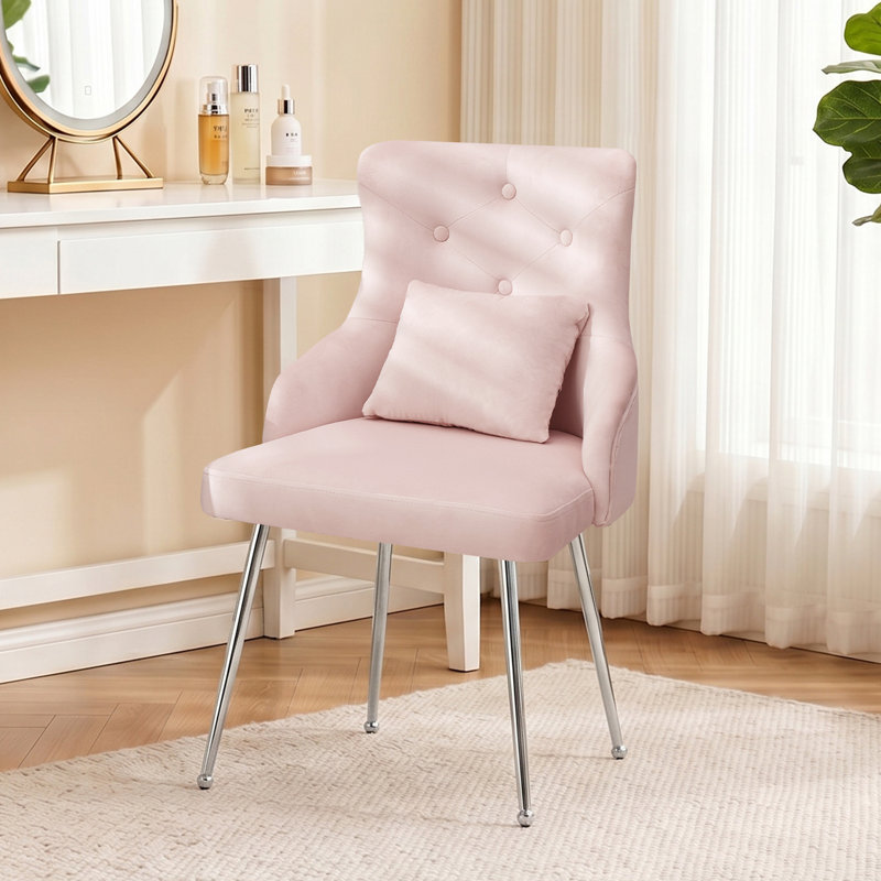 Dorsi Velvet Upholstered Button Tufted Modern Dining Chair, Pink, Silver