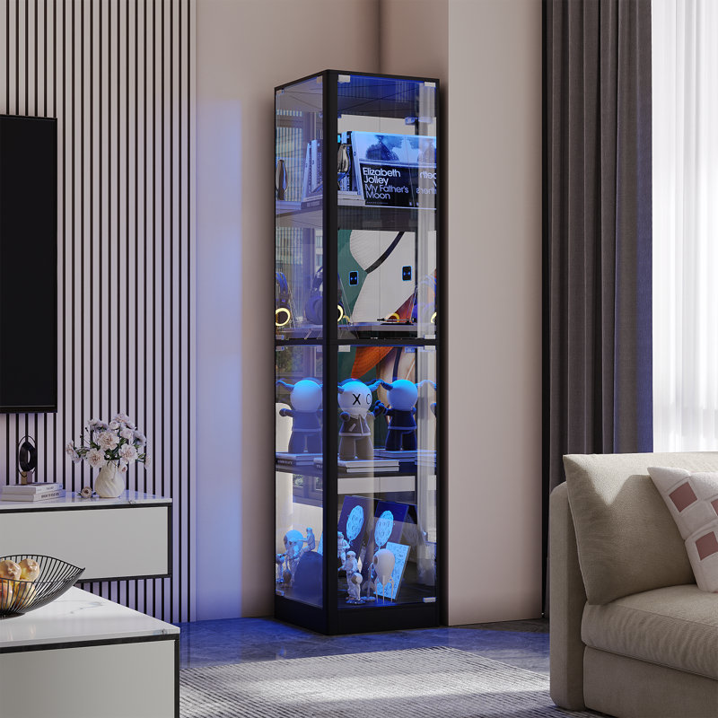 69"H 4-Tier Corner Display Cabinet with Light, Black