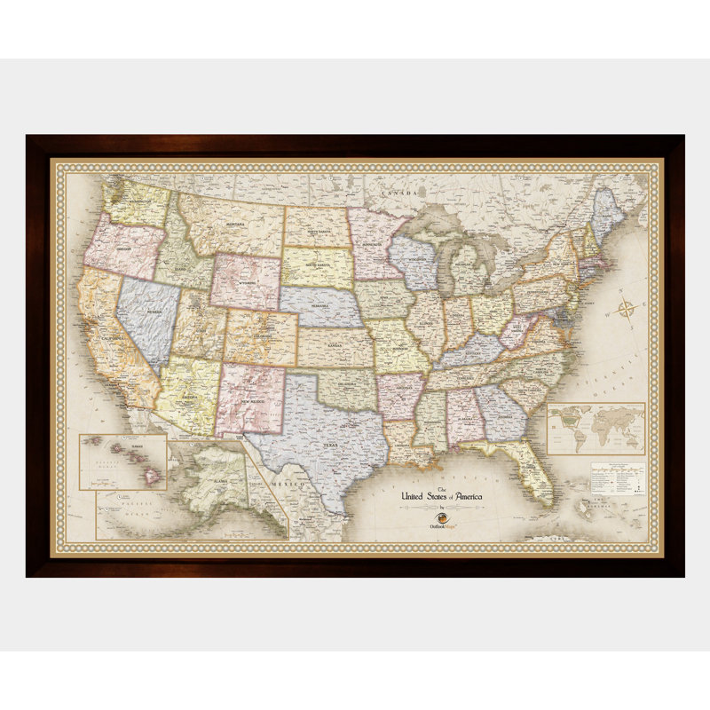 Carte magnétique encadrée de voyage des États-Unis, H 22 po x l 33 po x P 1 po, Beige