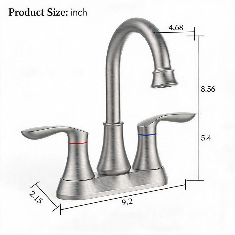 Robinet de lavabo de salle de bain central en nickel brossé de 4 pouces à deux poignées avec bec pivotant à arc de 360 degrés et bonde escamotable