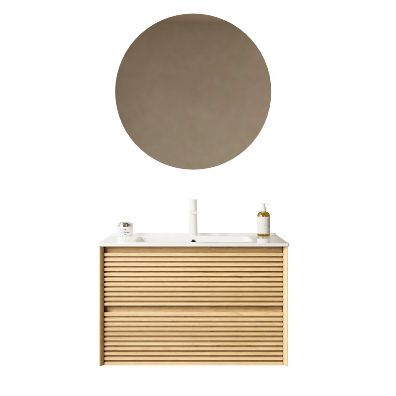 Meuble-lavabo de salle de bain avec lavabo, armoire en contreplaqué de 30 po, cuve en céramique blanche, grain de chêne, rangement de tiroir, assemblage pratique pré-assemblé