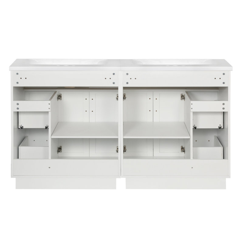 Meuble-lavabo de 60 po avec 4 portes d'armoire, 4 tiroirs, 2 tablettes réglables, deux lavabos en résine, des tiroirs cachés à fermeture en douceur et des charnières à fermeture en douceur
