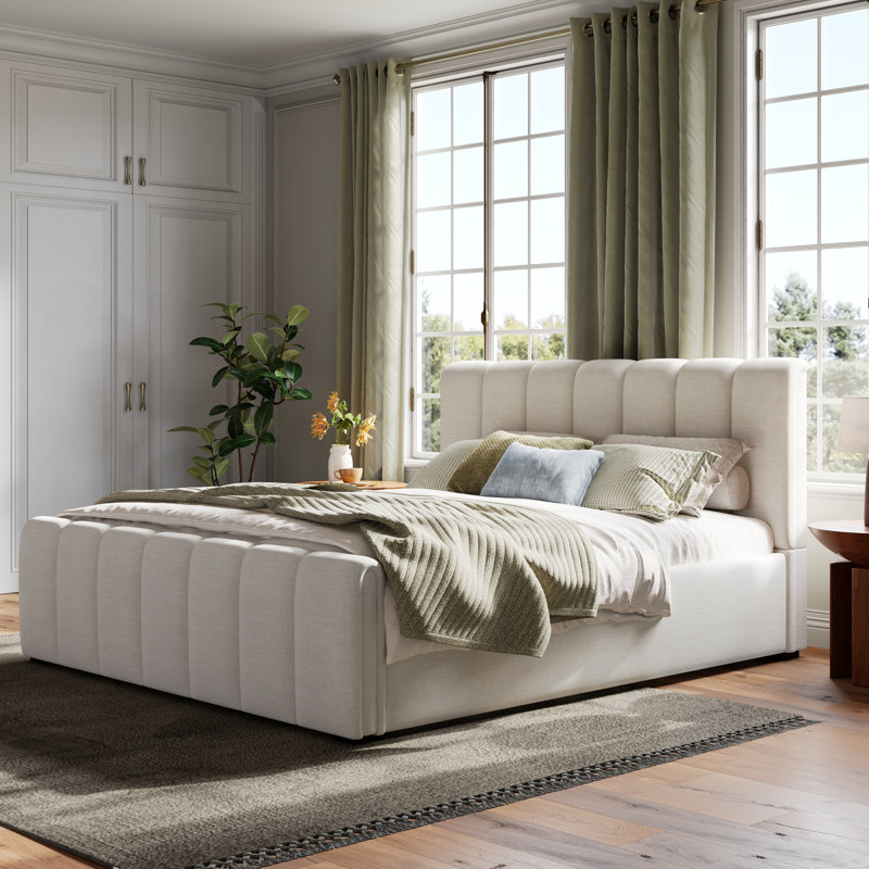 Sahara Upholstered Linen Bed Frame with Thick Headboard &  Solid Wood Legs, Queen
