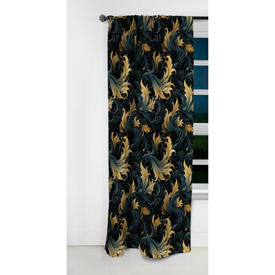 Damask Black And Golden Calligraphy Flourishes II - Damask Blackout Curtain - 1 Panels