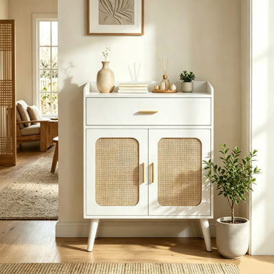 Buffet en bois massif avec 1 tiroir et portes en rotin, meuble de rangement blanc pour cuisine, salon ou salle de bain, avec pieds en bois massif.